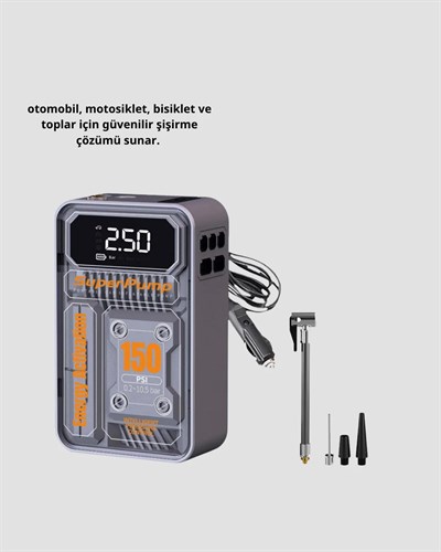 150 PSI Kablosuz Şarjlı Hava Pompası – LED Ekranlı ve Otomatik Kapanma Özellikli