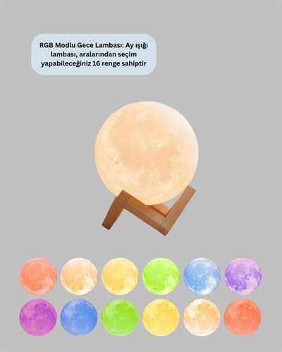 16 Renkli 3D Ay Gece Lambası RGB Modlu Şarjlı