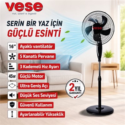 16 inç Ayaklı Vantilatör 45W 5 Kanat 3 Kademe