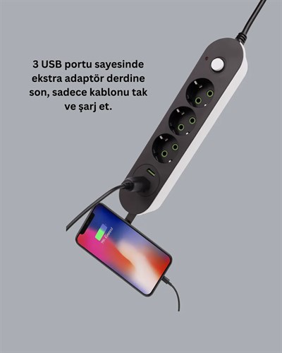 2 Metre Kablolu 3 USB Portlu Anahtarlı Üçlü Priz