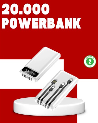 20.000mAh PD Powerbank LED Işık LCD Ekran Dahili Kablo Çoklu Giriş