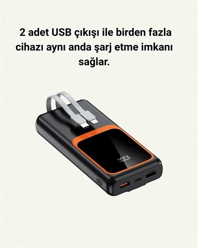 20000 mAh Powerbank | Çok Kablolu, Dijital Göstergeli, Yüksek Hızlı Şarj Cihazı