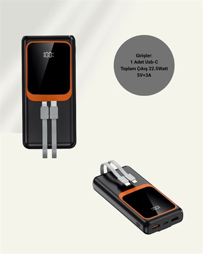 20000 mAh Powerbank | Çok Kablolu, Dijital Göstergeli, Yüksek Hızlı Şarj Cihazı