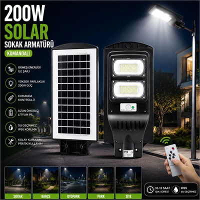 200W 6500K Sensörlü Güneş Enerjili Sokak Lambası