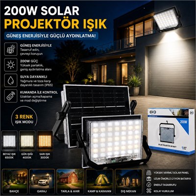 200W Güneş Enerjili LED Projektör - Kamp & Dış Mekan