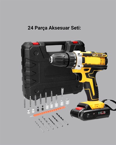 24 Parça Çift Bataryalı Akülü Darbeli Matkap – Güçlü Motor, Metal Dişli, LED Işıklı