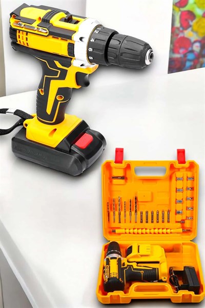 24 Parça Çift Bataryalı Şarjlı Matkap Seti 24W Motor ve Otomatik Mil Kilitli Tasarım