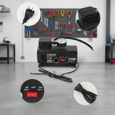 250 PSI Oto Hava Kompresörü - 220V ve 12V Uyumlu Yol Yardım Lastik Şişirme Pompası