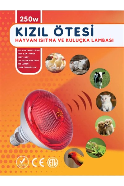 250W Kızılötesi (infrared) Isıtıcılı Hayvan Isıtma ve Kuluçka Lambası (Kırmızı Işık) E27