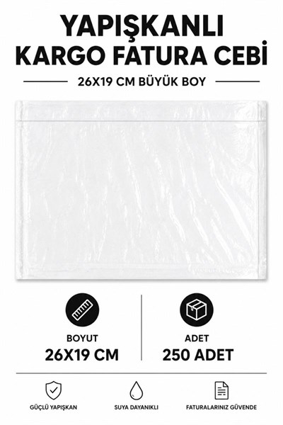 26x19 Cm Büyük Boy Yapışkanlı Kargo Fatura Cebi 250 Adet