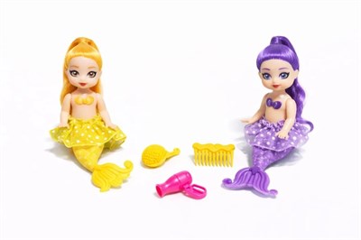 2li Deniz Kızı Bebek Seti - Hareketli Eklemler ve Aksesuarlı -Sarı & Mor