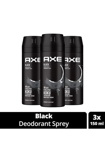 3 Adet Axe Erkek Deodorant & Bodyspray Black 48 Saat Etkileyici Koku Vücut Spreyi 150 ml