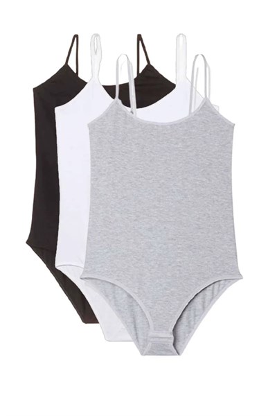 3 Adet İp Askılı Kadın Çıtçıtlı Body Siyah Beyaz Gri