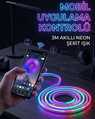3 Metre RGB Neon LED Şerit Işık Su Geçirmez Kumandalı ve Uygulama Kontrollü Dekoratif Aydınlatma
