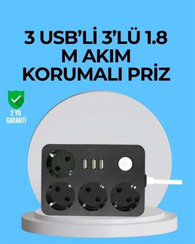 3 USB Çıkışlı 4’lü Akıllı Priz 2500W 2 Metre Kablo