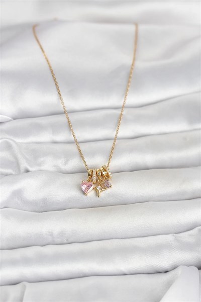 316L Çelik Gold Pembe Zirkon Taşlı Charmlı Kadın Kolye