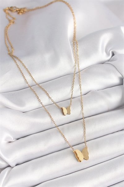 316L Çelik Gold Renk 2Li Simli Kelebek Model Kadın Kolye