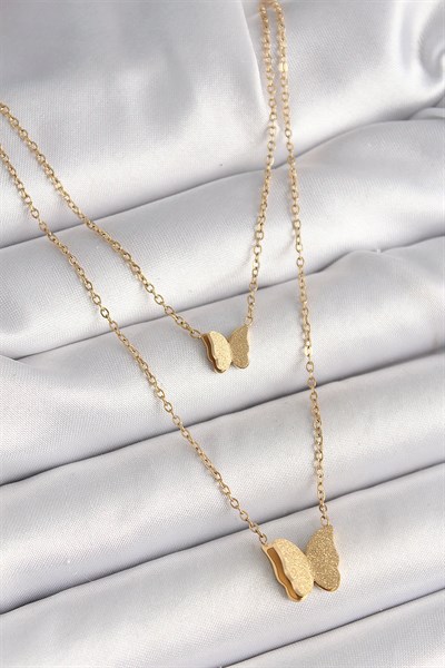 316L Çelik Gold Renk 2Li Simli Kelebek Model Kadın Kolye