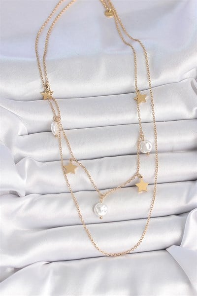 316L Çelik Gold Renk 2Li Zincir Sallantı Yıldız İnci Model Kadın Kolye