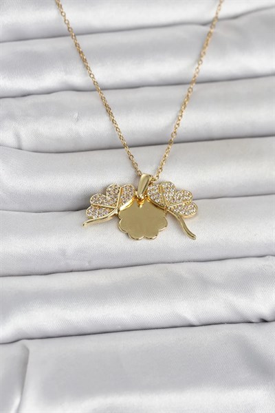 316L Çelik Gold Renk Açılabilir Yonca Model Zirkon Taşlı Kadın Kolye