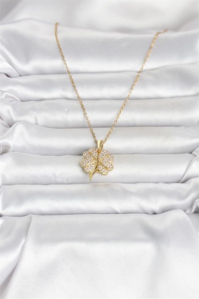 316L Çelik Gold Renk Açılabilir Yonca Model Zirkon Taşlı Kadın Kolye