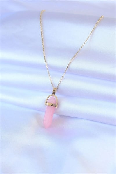 316L Çelik Gold Renk Kristal Pembe Taş Model Kadın kolye