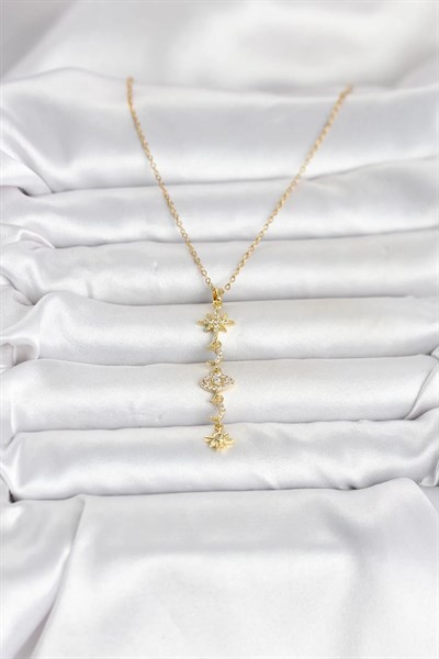 316L Çelik Gold Renk Kutup Yıldızı Y Model Zirkon Taşlı Kadın Kolye