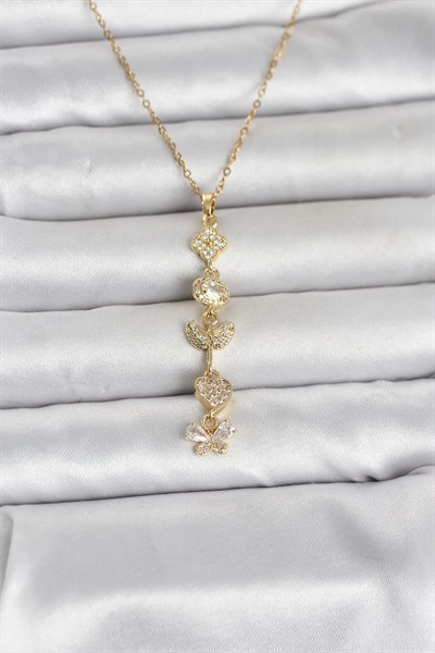 316L Çelik Gold Renk Şans Kolyesi Y Model Zirkon Taşlı Kadın Kolye