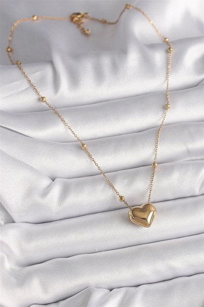 316L Çelik Gold Renk Topçuk Detaylı Zincir Kalp Model Kadın Kolye