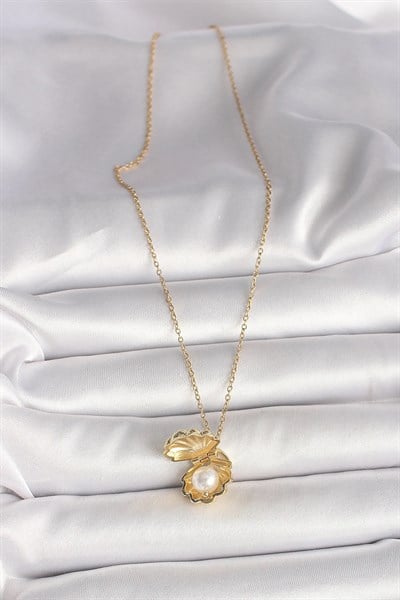 316L Çelik Gold Renk Zincir Açılır İncili Midye Model Kadın Kolye