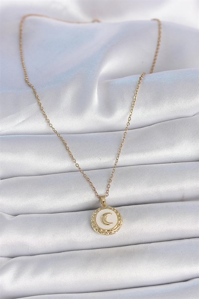 316L Çelik Gold Renk Zincir Beyaz Mineli Hilal İşlemeli Madalyon Model Kadın Kolye