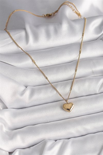 316L Çelik Gold Renk Zincir Love İşlemeli Kalp Figür Kadın Kolye