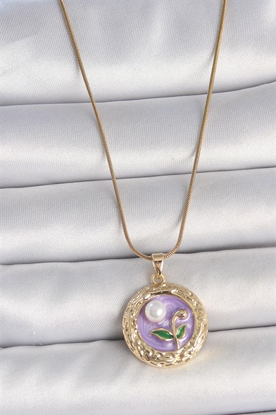 316L Çelik Gold Renk Zincir Mor Çiçek İşlemeli İnci Detay Potre Model Kadın Kolye