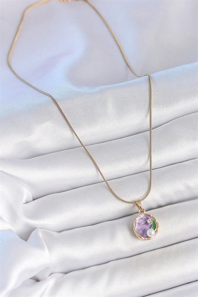 316L Çelik Gold Renk Zincir Mor Çiçek İşlemeli Zirkon Taş İnci Detaylı Minimal Portre Model Kadın Kolye