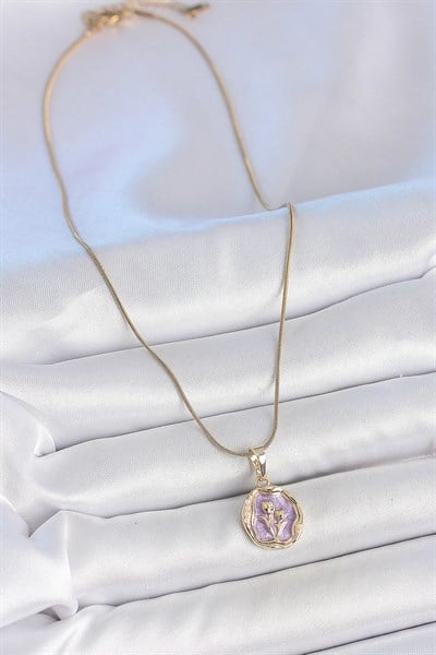 316L Çelik Gold Renk Zincir Mor Mineli Çiçek İşlemeli Portre Model Kadın Kolye