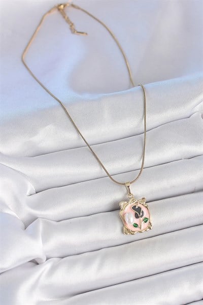 316L Çelik Gold Renk Zincir Pembe Mineli Çiçek İşlemli İnci Detay Portre Model Kadın Kolye