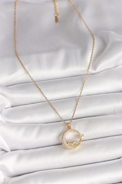 316L Çelik Gold Renk Zincir Zirkon Taşlı Ay Yıldız Model Sonsuzluk Detay Kadın Kolye