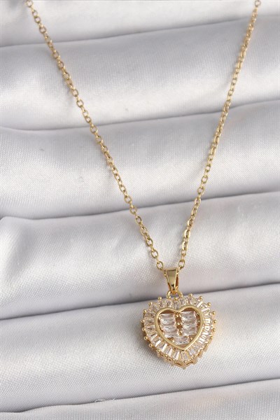 316L Çelik Gold Renk Zincir Zirkon Taşlı Kalp Model Kadın Kolye