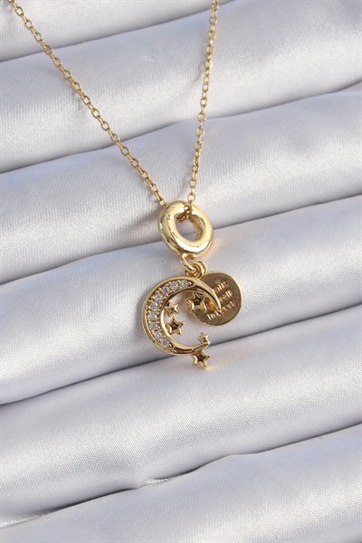 316L Çelik Gold Renk Zirkon Taşlı Ay Yıldız Model Charm Model Kadın Kolye
