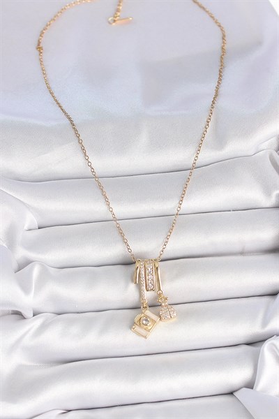 316L Çelik Gold Renk Zirkon Taşlı Sallantı Fotoğraf Makinası Figür Charm Kadın Kolye
