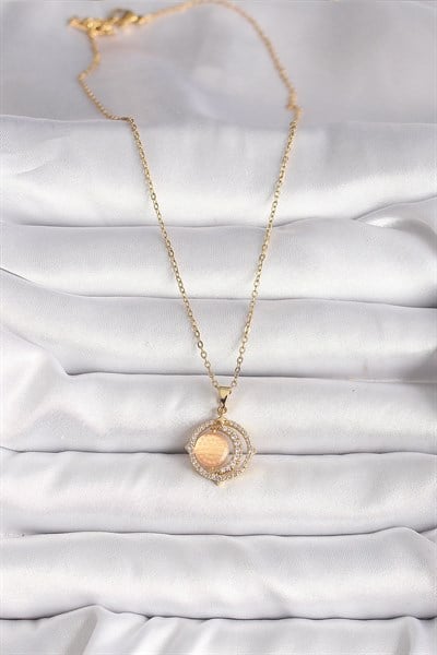 316L Çelik Gold Renk Zirkon Taşlı Turuncu Sedefli Hilal Model Kadın Kolye