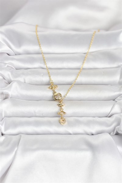 316L Çelik Gold Renk Zirkon Taşlı Y Kadın Kolye