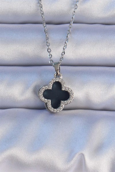 316L Çelik Gümüş Renk Siyah Mineli Zirkon Taşlı Yonca Figürlü Kolye