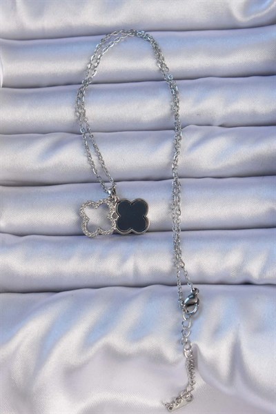 316L Çelik Gümüş Renk Siyah Mineli Zirkon Taşlı Yonca Figürlü Kolye