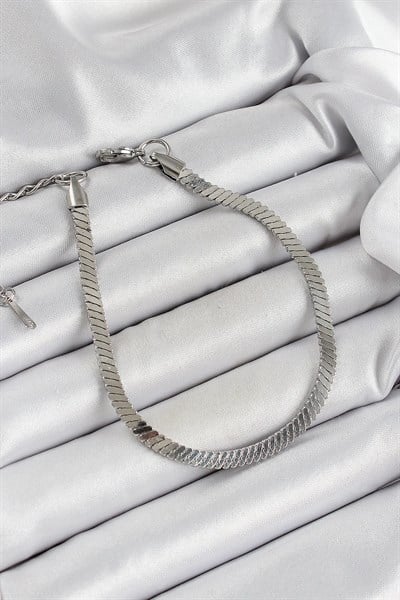 316L Çelik Gümüş Renk Yassı Zincir Model Kadın Bileklik