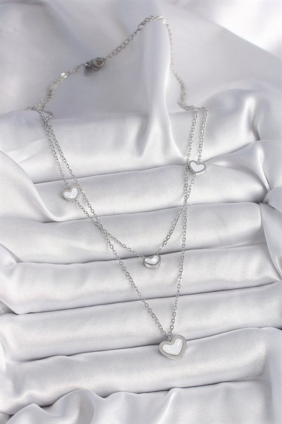 316L Çelik Gümüş Renk Zincir 2Li Zincir Kalp Model Kadın Kolye