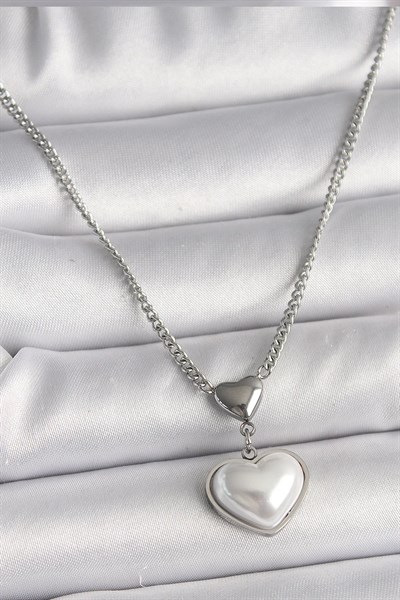 316L Çelik Gümüş Renk Zincir 3D Kalp Model Kadın Kolye