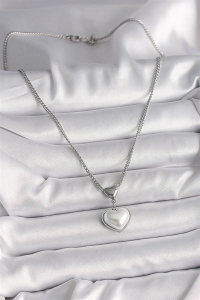 316L Çelik Gümüş Renk Zincir 3D Kalp Model Kadın Kolye