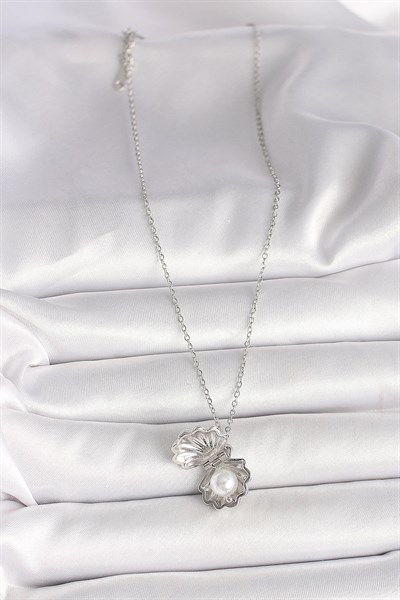 316L Çelik Gümüş Renk Zincir Açılır İncili Midye Model Kadın Kolye