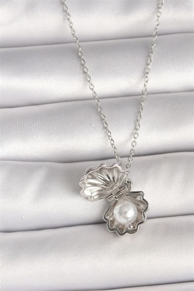 316L Çelik Gümüş Renk Zincir Açılır İncili Midye Model Kadın Kolye